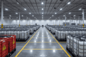 Safe and compliant chemical warehousing facility storing hazardous materials.
